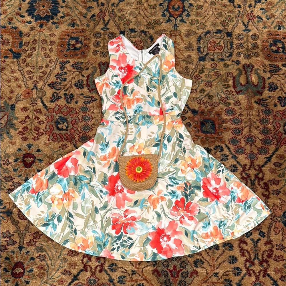 Kids Dress Floral Pleated A-Line Sundress with Matching Purse
